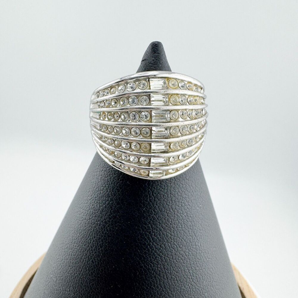 Vintage Silver Tone Dome Ring Rhinestone Baguette Cocktail Statement Glamour